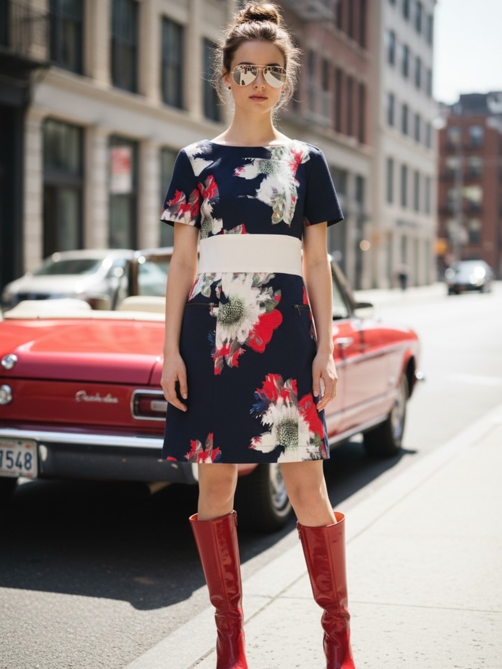 French Connection Navy Floral Dress with Ivory Waistband